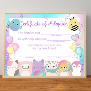 Certificato di adozione "Adotta un animale domestico squishy", bomboniere per feste di compleanno squishy, bomboniera per la festa di adozione di animali squishy, download immediato stampabile