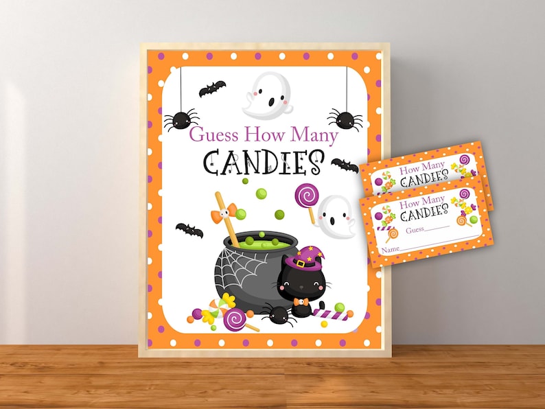 Adivina cuántos dulces hay en Halloween, imprimible de Halloween, juego de adivinar cuántos dulces hay, decoraciones de Halloween, gato, descarga instantánea imprimible imagen 1