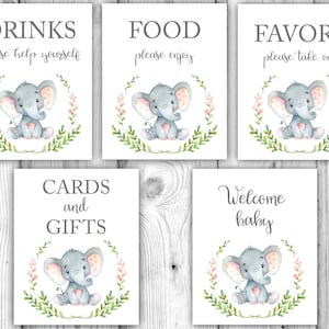 Pink Elephant Baby Shower Bundle, Floral Elephant Baby Shower Decorations, Elephant Tabletop Signs, Pink, Gray, Instant Download Printables