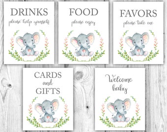 Pink Elephant Baby Shower Bundle, Floral Elephant Baby Shower Decorations, Elephant Tabletop Signs, Pink, Gray, Instant Download Printables
