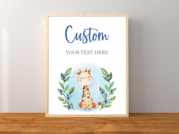 Giraffe Personalized Sign, Blue Giraffe Custom Sign, Blue Floral