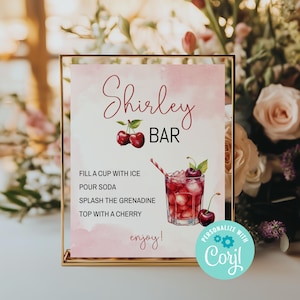 Editable Shirley Bar Drink Sign, Beverage Station, Pink, Make Your Own Cherry Mocktail, Wedding, Corjl Editable Template, Printable Download