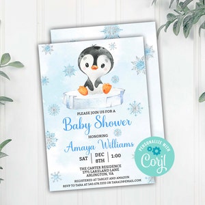 Blue Penguin Baby Shower Invitation, Blue Boy Penguin Editable Invitation, Corjl Editable Invitation Template, Instant Download Printable
