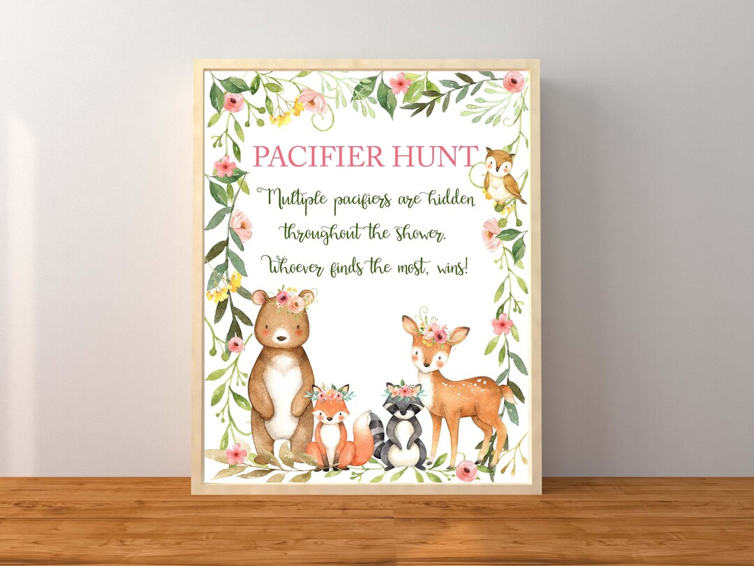 Woodland Pacifier Hunt Game, Pacifier Hunt Sign, Pacifier Hunt Baby ...