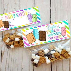May include: A colorful printable gift tag with the text "Happy Easter" and "Easter is S'more fun with PEEPS like YOU!"  The tag is decorated with cartoon images of chocolate bars and marshmallow peeps. The tag is attached to a clear plastic bag filled with ingredients for making s'mores.