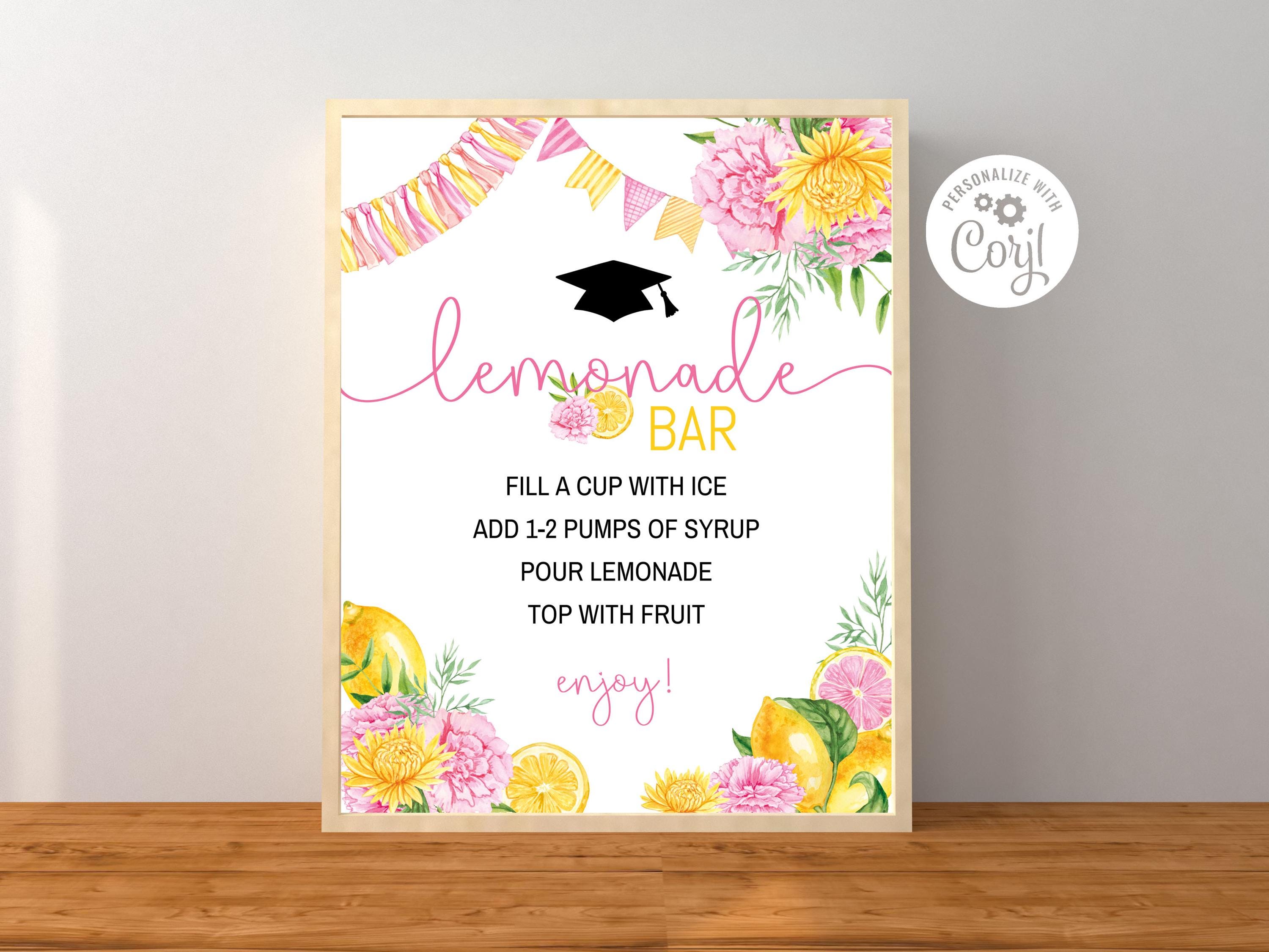 Graduation Lemonade Stand Sign Editable Graduation Lemonade Bar Sign, Floral Pink Lemonade Stand Menu ...