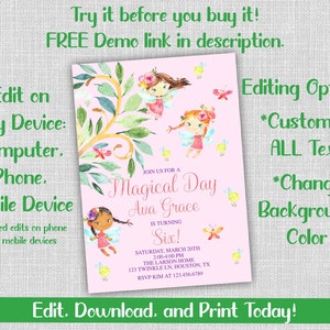 Pode incluir: Um convite de anivers&aacute;rio rosa e verde com tema de fadas para uma menina que est&aacute; completando seis anos. O convite apresenta uma ilustra&ccedil;&atilde;o em aquarela de fadas com flores e borboletas. O texto diz "Magical Day Ava Grace is turning Six!" e inclui a data, a hora e o local da festa.