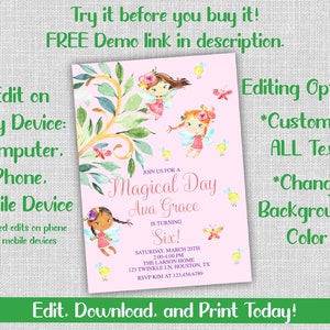 Fairy Birthday Party Invitation, Fairy Invitation, Editable Invitation, Corjl Editable Template, Fairies, 5x7, Instant Download Printable image 2