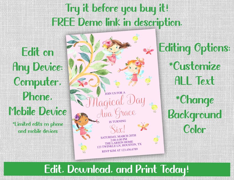 Pode incluir: Um convite de anivers&aacute;rio rosa e verde com tema de fadas para uma menina que est&aacute; completando seis anos. O convite apresenta uma ilustra&ccedil;&atilde;o em aquarela de fadas com flores e borboletas. O texto diz "Magical Day Ava Grace is turning Six!" e inclui a data, a hora e o local da festa.