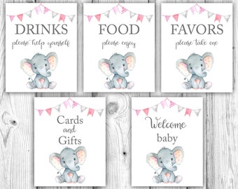 Pink Elephant Baby Shower Decorations, Girl Elephant Baby Shower Bundle, Elephant Tabletop Signs, Pink and Gray, Instant Download Printables