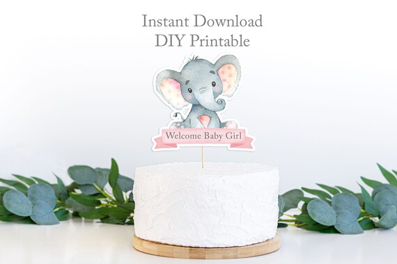 Elephant Cake Topper, Elephant Baby Shower Centerpiece, Pink Elephant Girl Baby Shower, Pink Elephant Baby Shower, Instant Printable