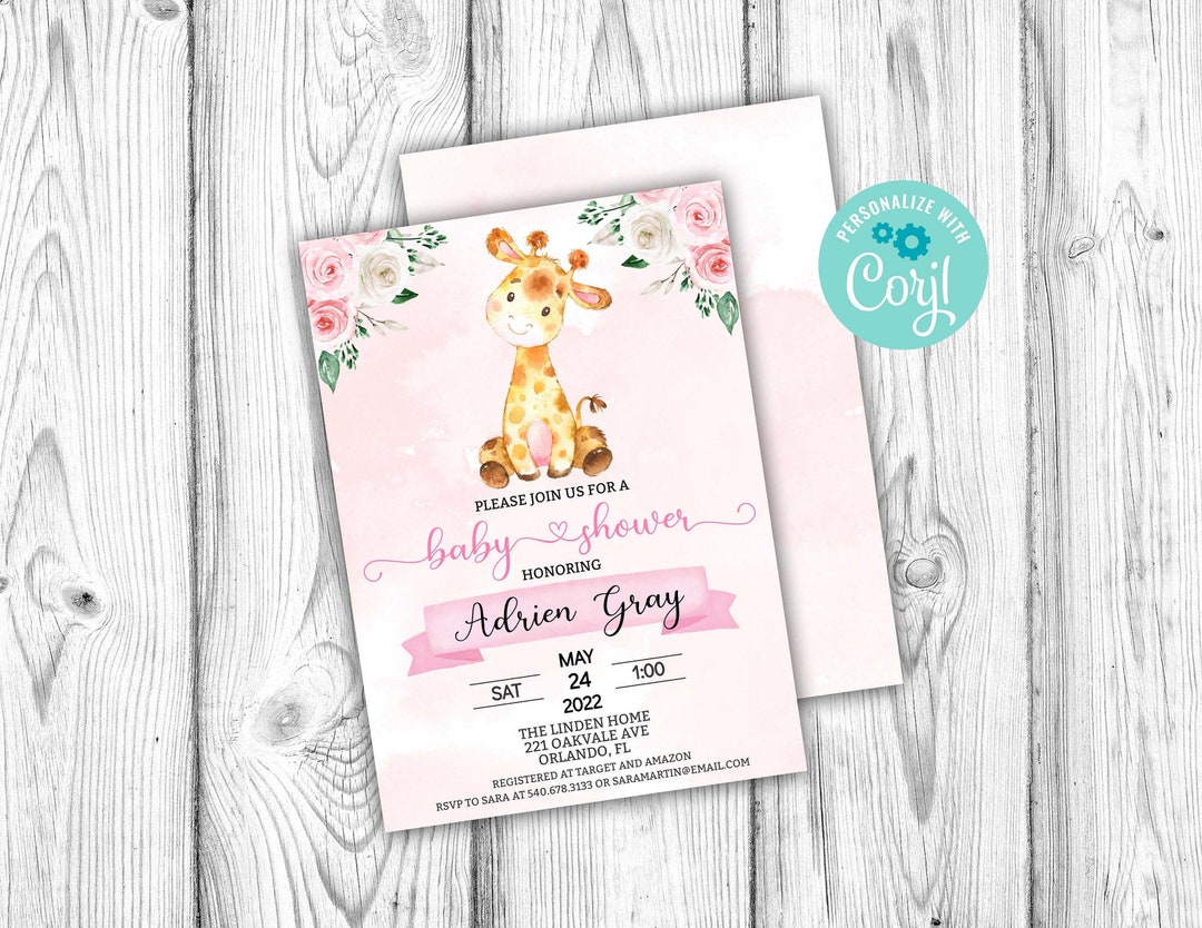 Giraffe Baby Shower Invitation, Pink Floral Giraffe Invitation ...