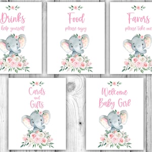 Rosa Blumen Elefant-Baby-Dusche, Elefant-Baby-Dusche Bundle, Mädchen Elefant Dekorationen, Elefant Tisch Schilder, sofortiger Download druckbare