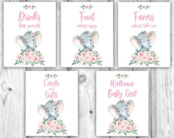 Pink Floral Elephant Baby Shower, Elephant Baby Shower Bundle, Girl Elephant Decorations, Elephant Table Signs, Instant Download Printable