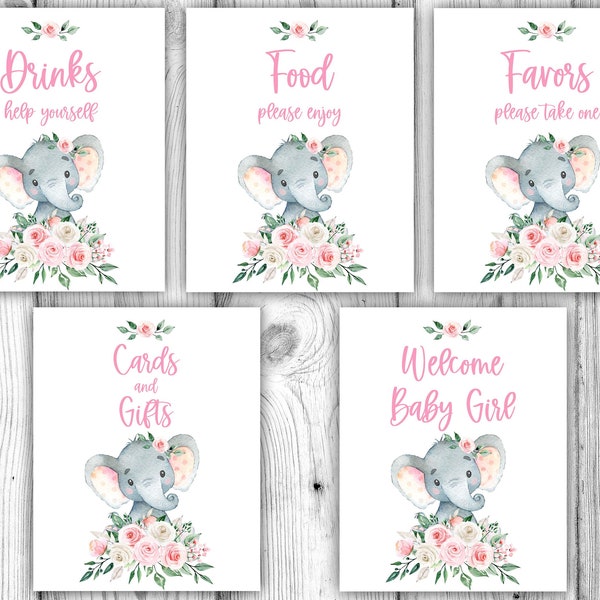 Pink Floral Elephant Baby Shower, Elephant Baby Shower Bundle, Girl Elephant Decorations, Elephant Table Signs, Instant Download Printable