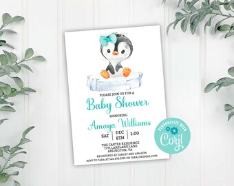 May include: A baby shower invitation featuring a cute penguin wearing a turquoise bow on a blue and white icy background. The invitation reads "Please join us for a Baby Shower honouring Amaya Williams, Sat Dec 8th 1:00, The Carter Residence 1771 Lakeland Lane Arlington, VA, Registered at Target and Amazon, RSVP to Tara at 540.678.3333 or tara13@email.com".