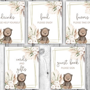 Pacote de chá de bebê de urso, placas de mesa para chá de bebê de urso marrom, decorações de mesa para chá de bebê de gênero neutro, download instantâneo para impressão