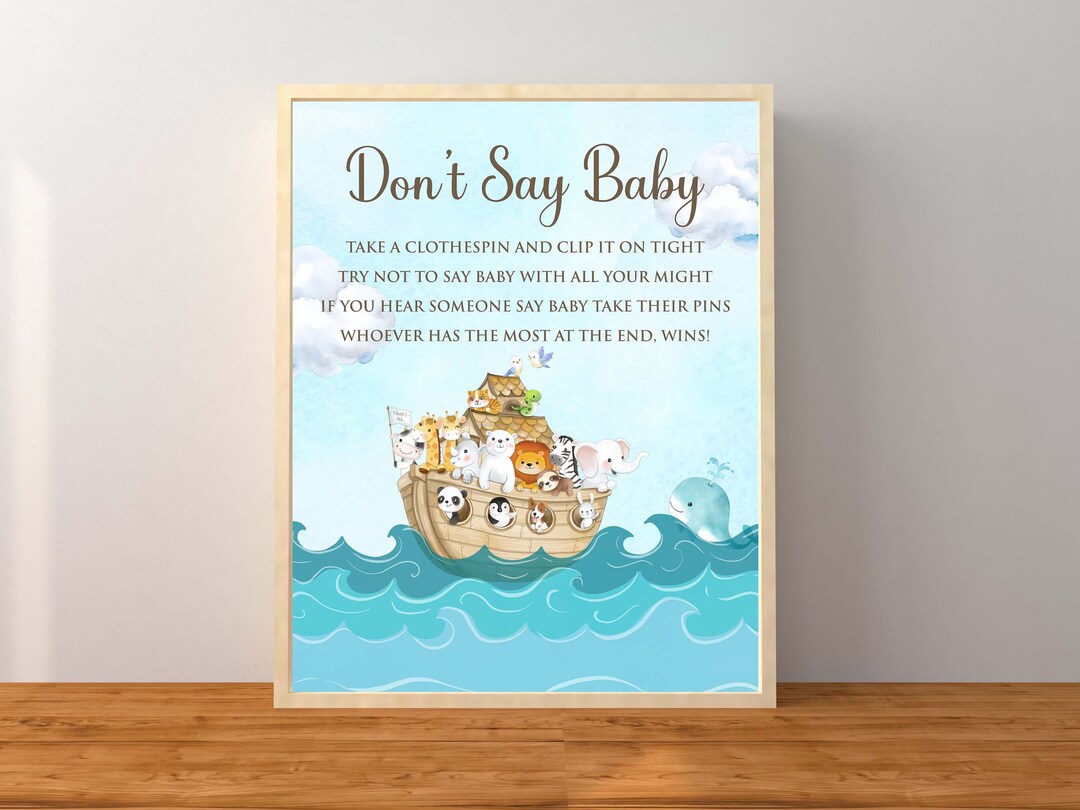 Noah's Ark Don't Say Baby Game For Baby Shower - 5x7 Sign & 50 Natural Wood Clothespins, Boho Animals Gender Neutral Party Game