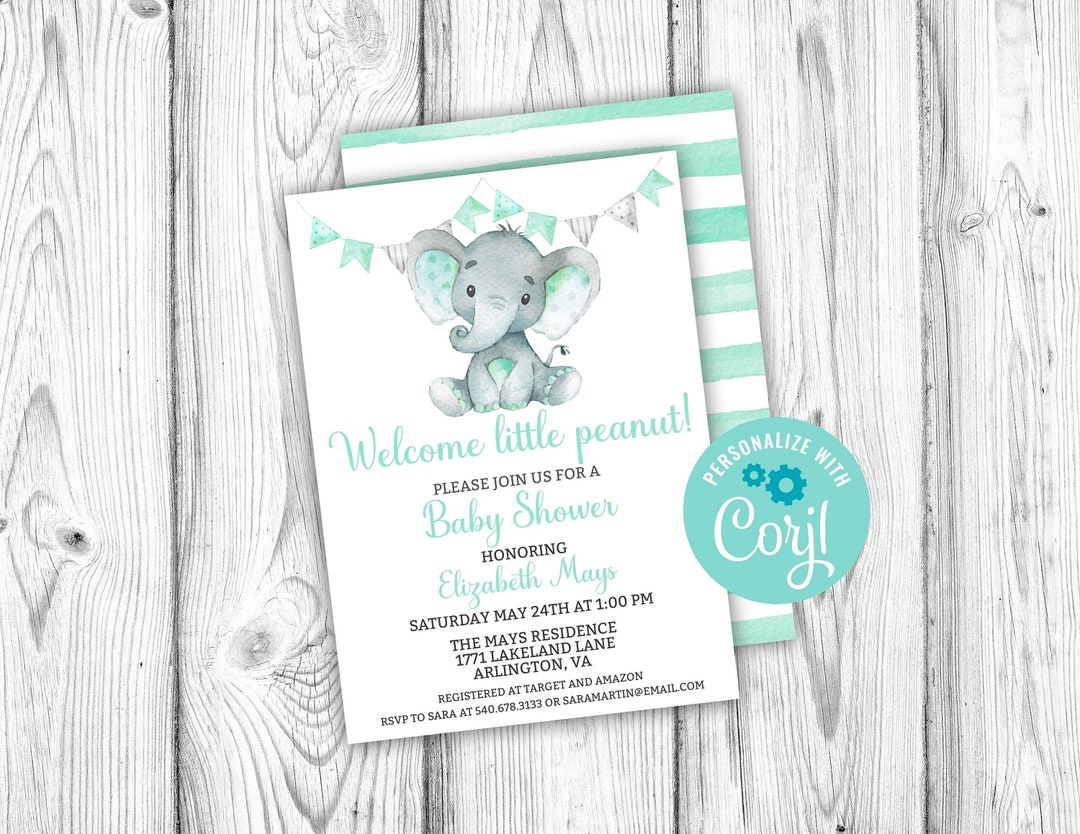 Mint Green Elephant Baby Shower Invitation, Gender Neutral Baby Shower ...