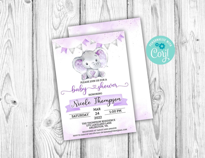 Purple Elephant Baby Shower Invitation Girl Elephant Lavender Etsy