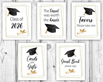 Decoraciones para fiesta de graduación, paquete de graduación 2026, decoración de graduación, letreros de graduación negros y dorados, descarga instantánea e imprimible.