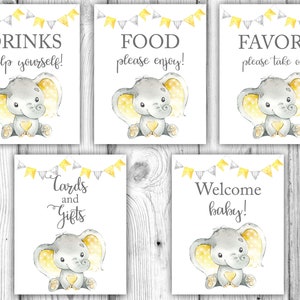 Paquete de baby shower con elefante amarillo, decoraciones para baby shower de género neutro, amarillo y gris, letreros de mesa, descarga instantánea imprimible
