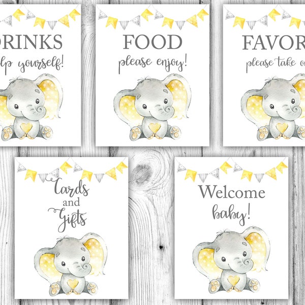 Yellow Elephant Baby Shower Bundle, Gender Neutral Baby Shower Decorations, Yellow and Gray, Tabletop Signs, Instant Download Printable