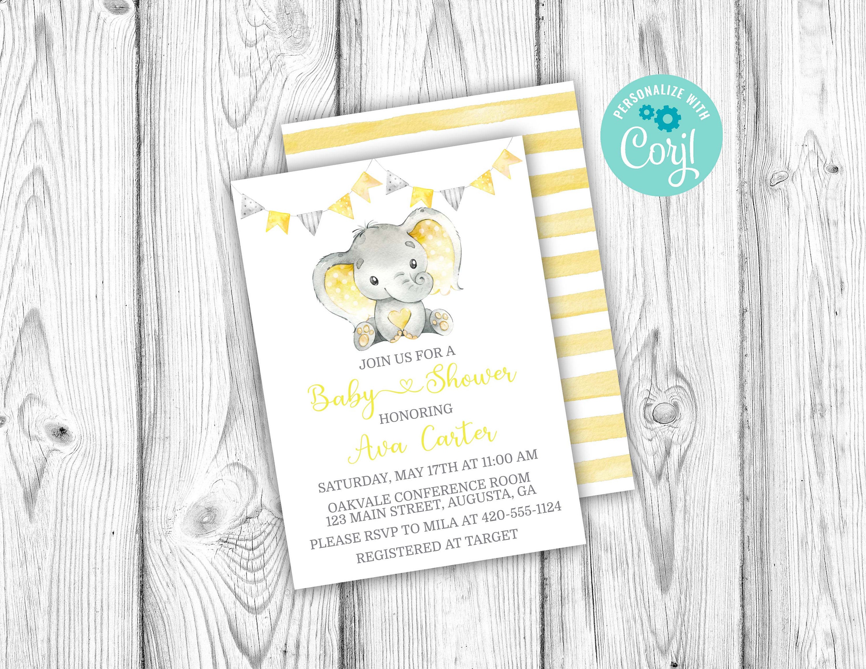 Elephant Baby Shower Invitation Elephant Invitation Yellow - Etsy