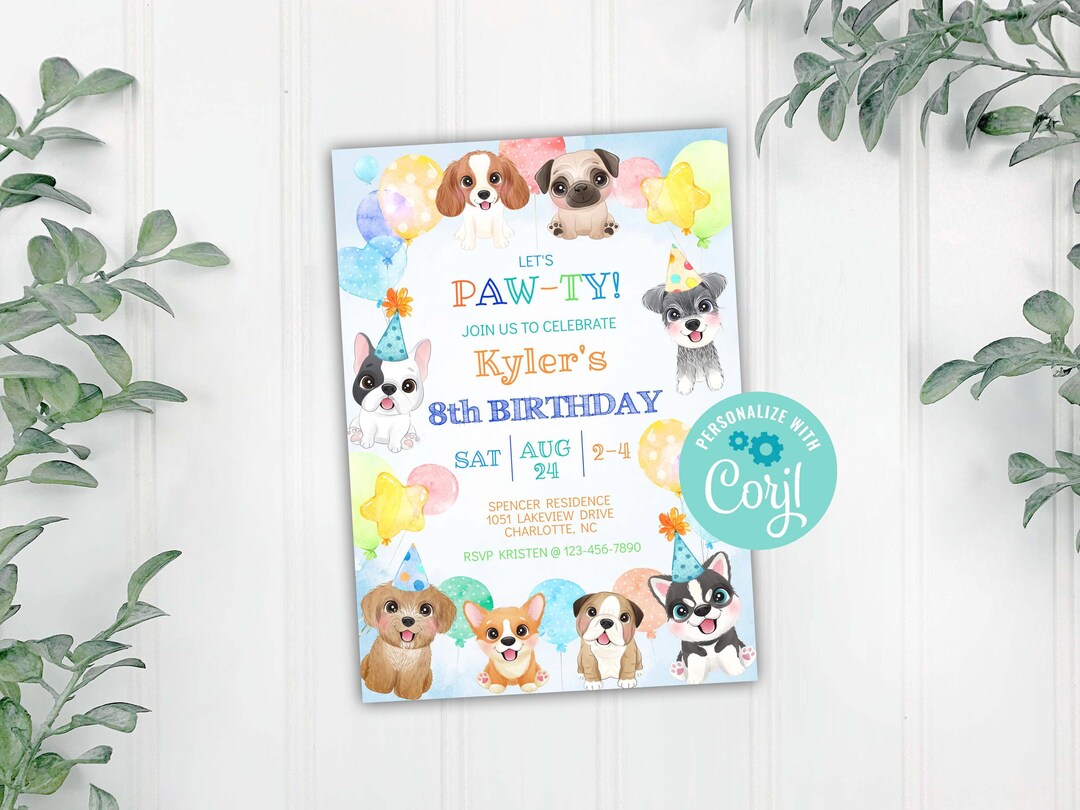 Puppy Birthday Party Invitation, Dog Theme Let's Pawty Invite, Boy ...