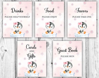 May include: Five pink and white printable signs with a penguin illustration and text. The signs read "Drinks, Please help yourself", "Food, Please enjoy", "Favors, Please take one", "Cards and Gifts", and "Guest Book, Please sign".