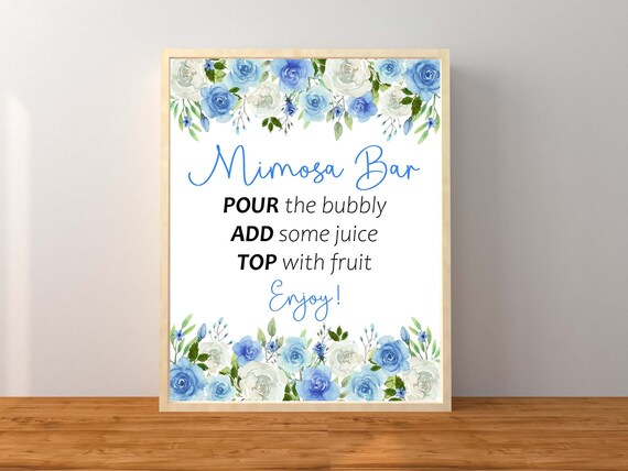 Blue Watercolor Mimosa Sign, Mimosa Bar Sign, Bridal Shower Bar