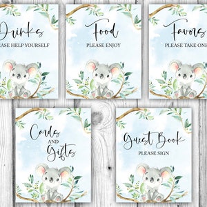 Pacchetto Baby Shower Koala, stampabili Baby Shower Koala blu, decorazioni Baby Shower Koala maschio, cartelli da tavolo, download immediato stampabile