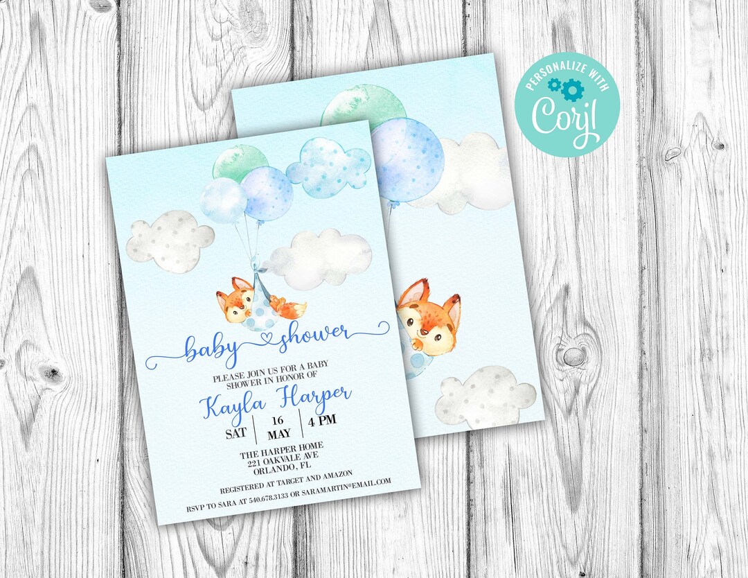 Fox Baby Shower Invitation, Blue Fox Invitation, Editable Invitation ...
