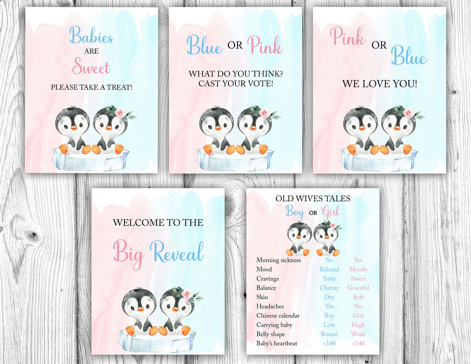 Penguin Gender Reveal Party Decorations Penguin Gender Reveal Bundle Boy or Girl Gender Prediction Game Instant Download Printable