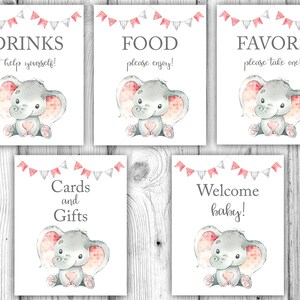 Pink Elephant Baby Shower Bundle, Girl Elephant Baby Shower Decorations, Elephant Tabletop Signs, Pink and Gray, Instant Download Printables