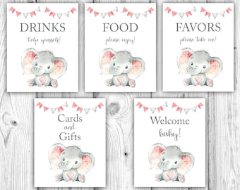 Pink Elephant Baby Shower Bundle, Girl Elephant Baby Shower Decorations, Elephant Tabletop Signs, Pink and Gray, Instant Download Printables