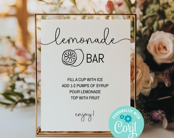Editable Lemonade Bar Sign, Lemonade Drink Station, Non-Alcoholic Beverage, Bridal Shower, Corjl Editable Template, Printable Download
