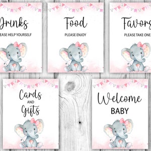 Pink Elephant Baby Shower Decorations, Elephant Sign Bundle, Girl Elephant Table Signs, Welcome, Gifts, Drinks, Instant Download Printable