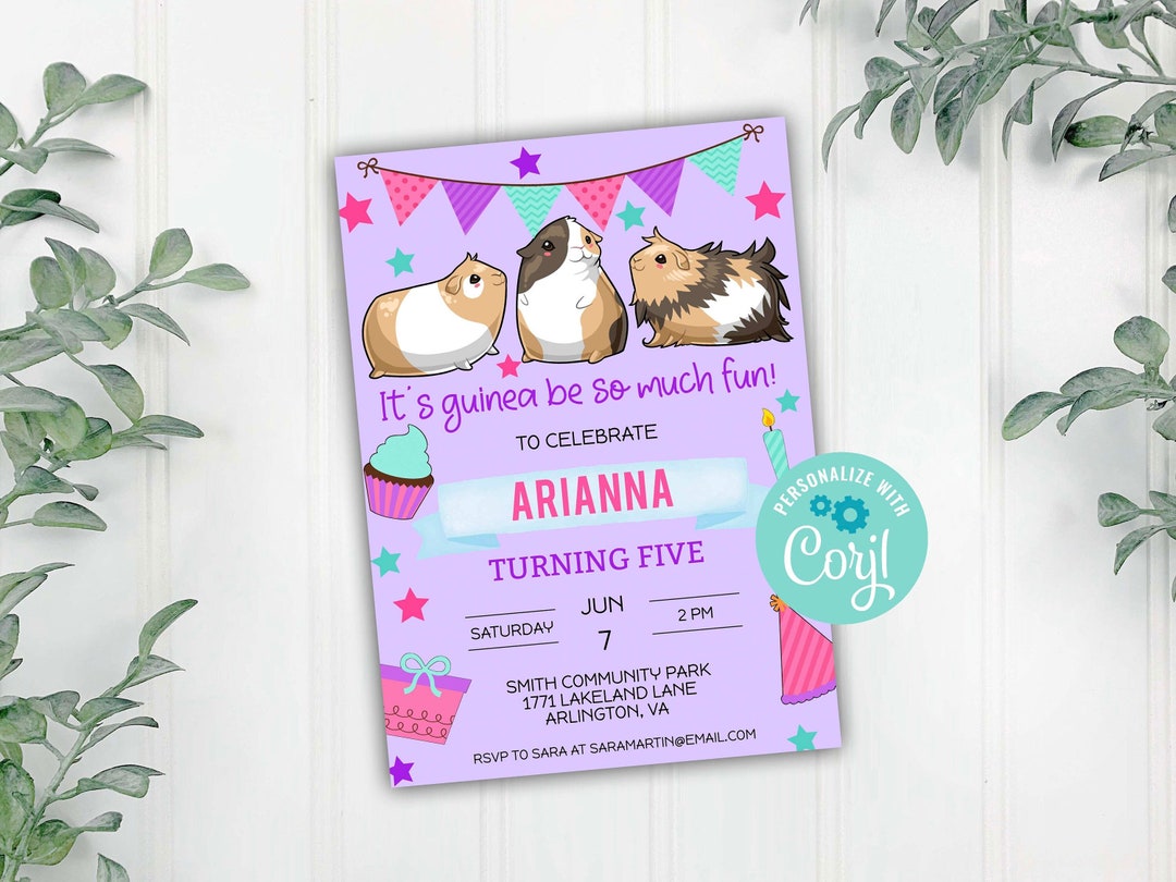 Purple Guinea Pig Birthday Party Invitation, Girls Guinea Party ...