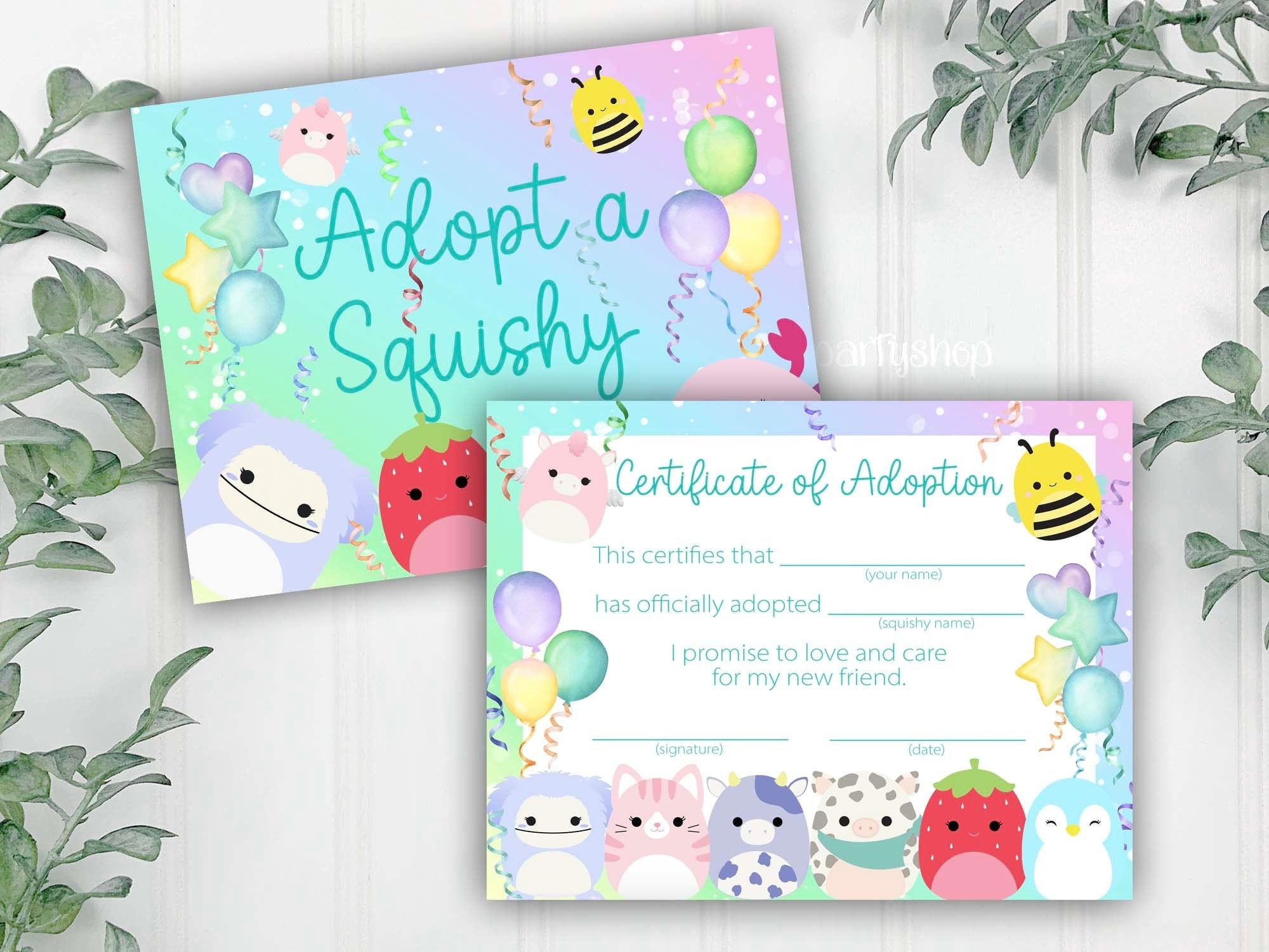 Squish certificat d'adoption et signe, fête d'anniversaire Squishy, adopter un Squishy, Squish Party Favors, neutre, téléchargement immédiat imprimabl