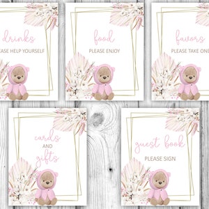 Paquete de baby shower con osito rosa, letreros de mesa con osito rosa ruborizado, decoraciones de mesa para baby shower con osito rosa, descarga instantánea imprimible