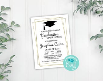 May include: A white graduation open house invitation with gold geometric frames. The invitation features a black graduation cap, the text "Graduation Open House", and the name "Josephine Carter". The date and time of the event are listed as "Sat May 29, 4-7 PM". The invitation also includes the address and RSVP information.