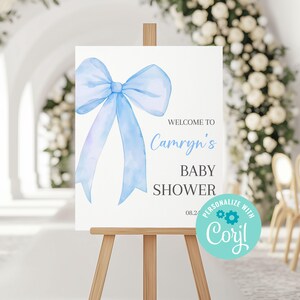 Blue Bow Baby Shower Welcome Sign, Watercolor Blue Ribbon Bow Baby Shower Decorations, Coquette, Corjl Editable Template, Printable Download