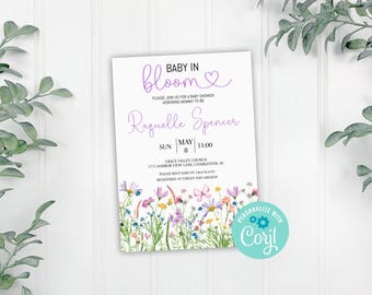 Invito per baby shower "Fiore di campo in fiore", invito floreale per bambina, viola, lavanda, un fiore di campo sta arrivando, modello modificabile Corjl