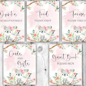 Pacchetto Baby Shower Koala, stampabili Baby Shower Koala rosa, decorazioni Baby Shower Koala bambina, cartelli da tavolo, download immediato stampabile