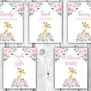 Pink Floral Giraffe Baby Shower Signs, Giraffe Baby Shower Decorations, Floral Girl Giraffe Baby Shower Bundle, Instant Download Printable