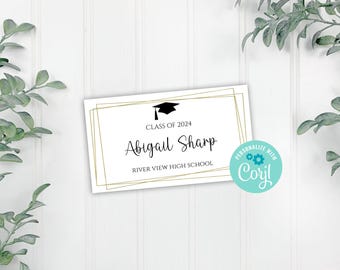 Plantilla de tarjeta de invitación de graduación editable con nombre, descarga digital e imprimible.