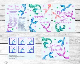 Mermaid Birthday Party, Mermaid Party Printables, Mermaid Signs, Mermaid Party Decorations, Mermaid Name Game, Instant Download Printable