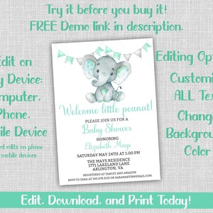 Mint Green Elephant Baby Shower Invitation, Gender Neutral Baby Shower ...