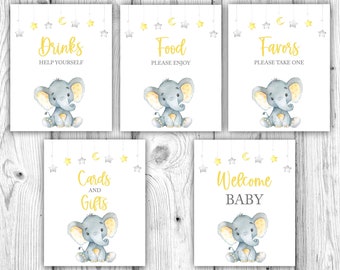 Yellow Elephant Baby Shower Bundle, Yellow and Gray Elephant Decorations, Gender Neutral Elephant Baby Shower, Instant Download Printable